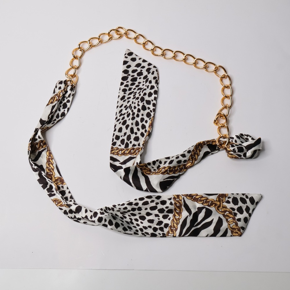Gold Chain Leopard Zebra Print Scarf Belt Mixed Media Waist Tie Mob Wife Disco - Picture 2 of 5